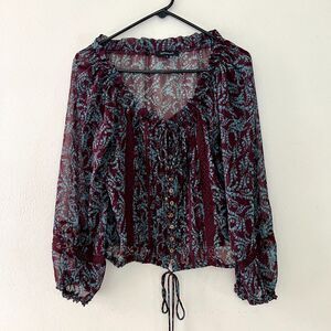 Olivaceous Burgundy Blue Floral Y2K Boho Hippie Semi-Sheer Chiffon Blouse Sz S